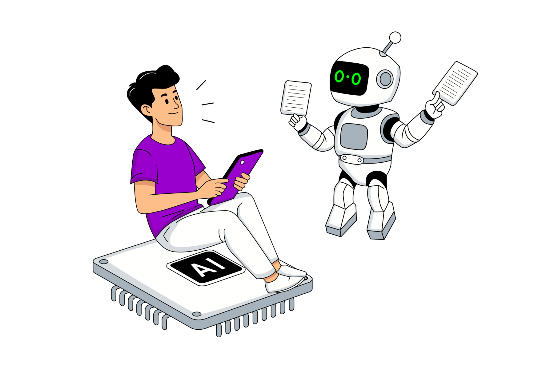 man werkt met ai , robot toont hem documenten