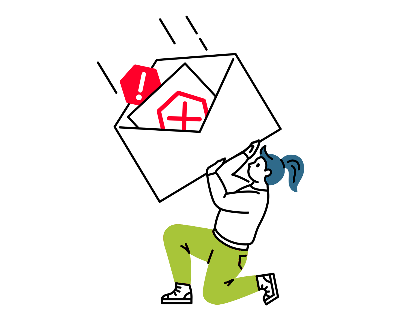 illustratie van vrouw die envelop met kwaadaardige email opvangt